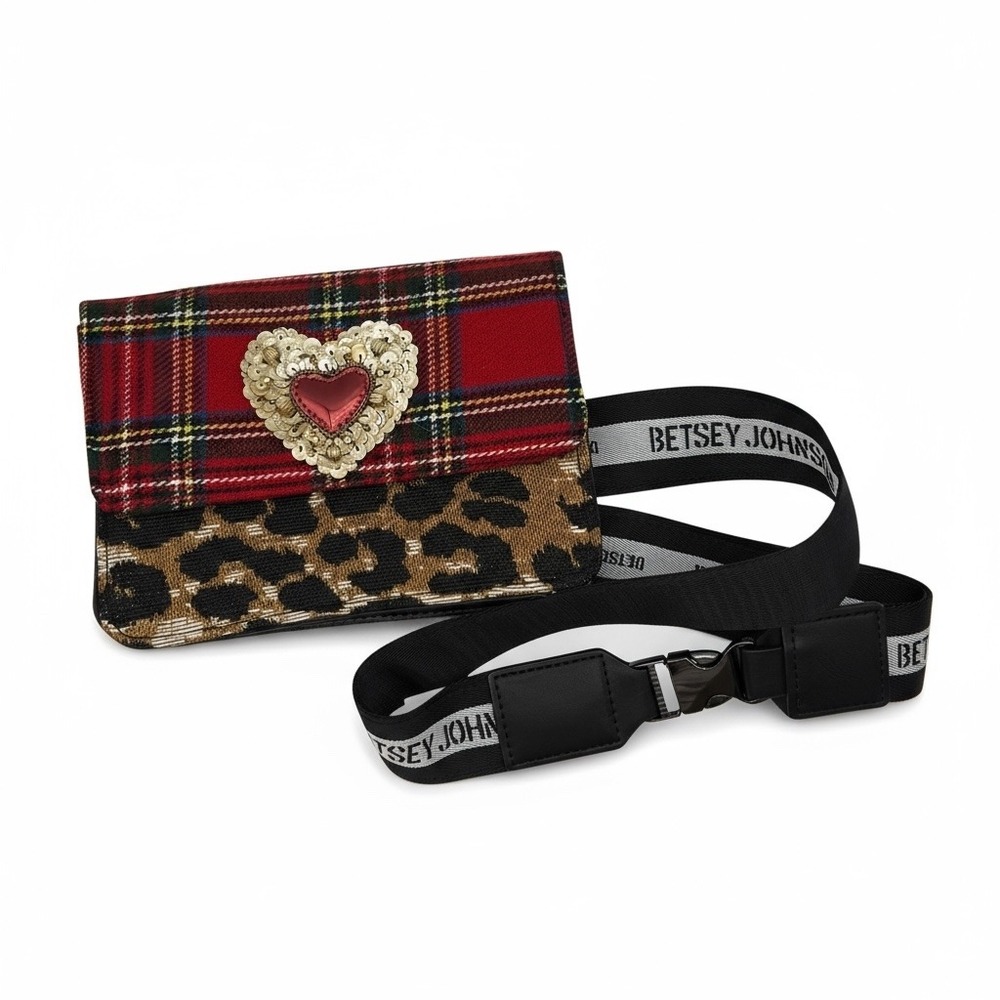 Betsey Johnson Red Plaid & Leopard Heart Belt Bag / Crossbody "Get Waisted"